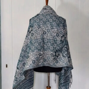 Gorgeous Shades of Blue Scarf‎ Wrap Floral Design with Metallic Silver Accents